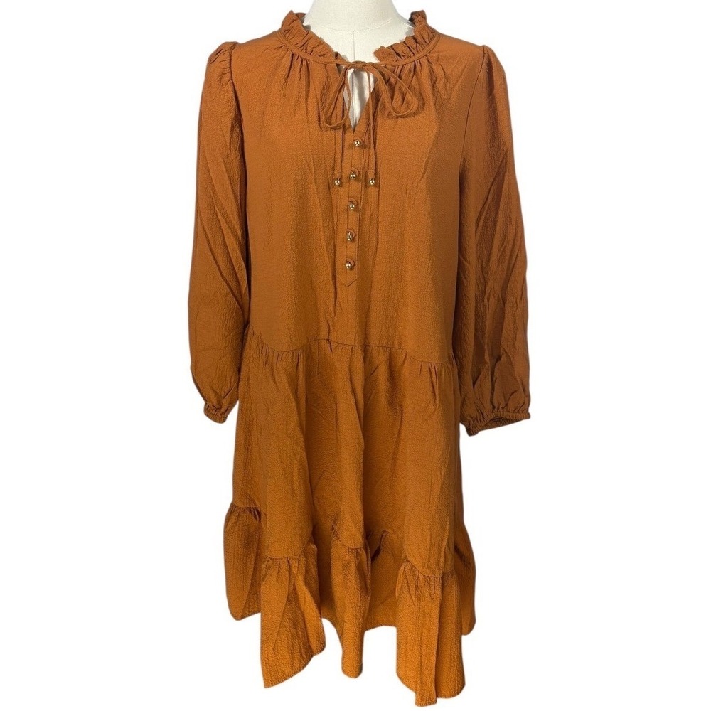 Calvin Klein Rust Orange Mini Dress w/ 3/4 Sleeves & Gold Button Accents (14)